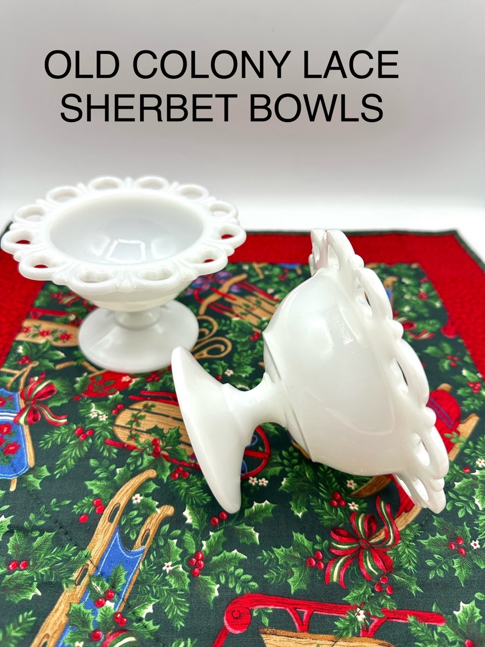 2 Anchor Hocking Old Colony Footed Tall Sherbet Cups. Laced Edge Milk Glass